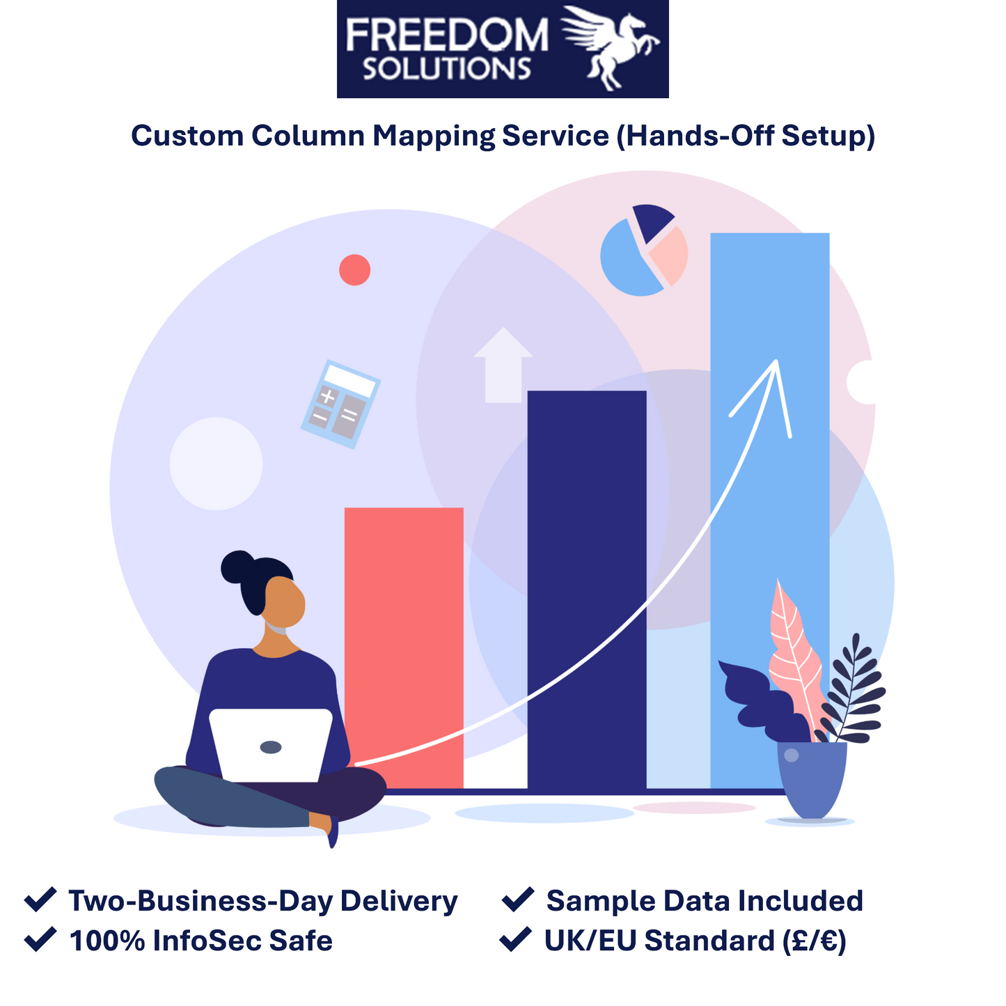 Flat vector illustration of a data analyst optimizing project metrics, representing Power BI custom column mapping and PMO dashboard setup services.