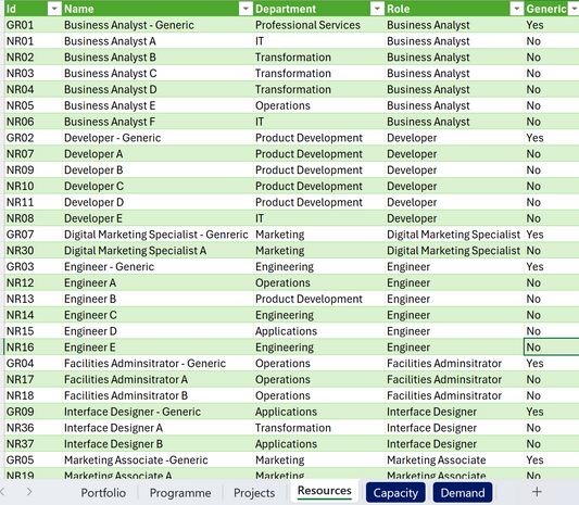 Table with roles, departments, and related information in a structured format. Project Sample data .xlsx