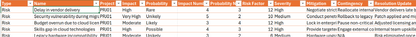 Risk assessment matrix with columns for risk name, probability, impact, risk rating, and mitigation strategy.