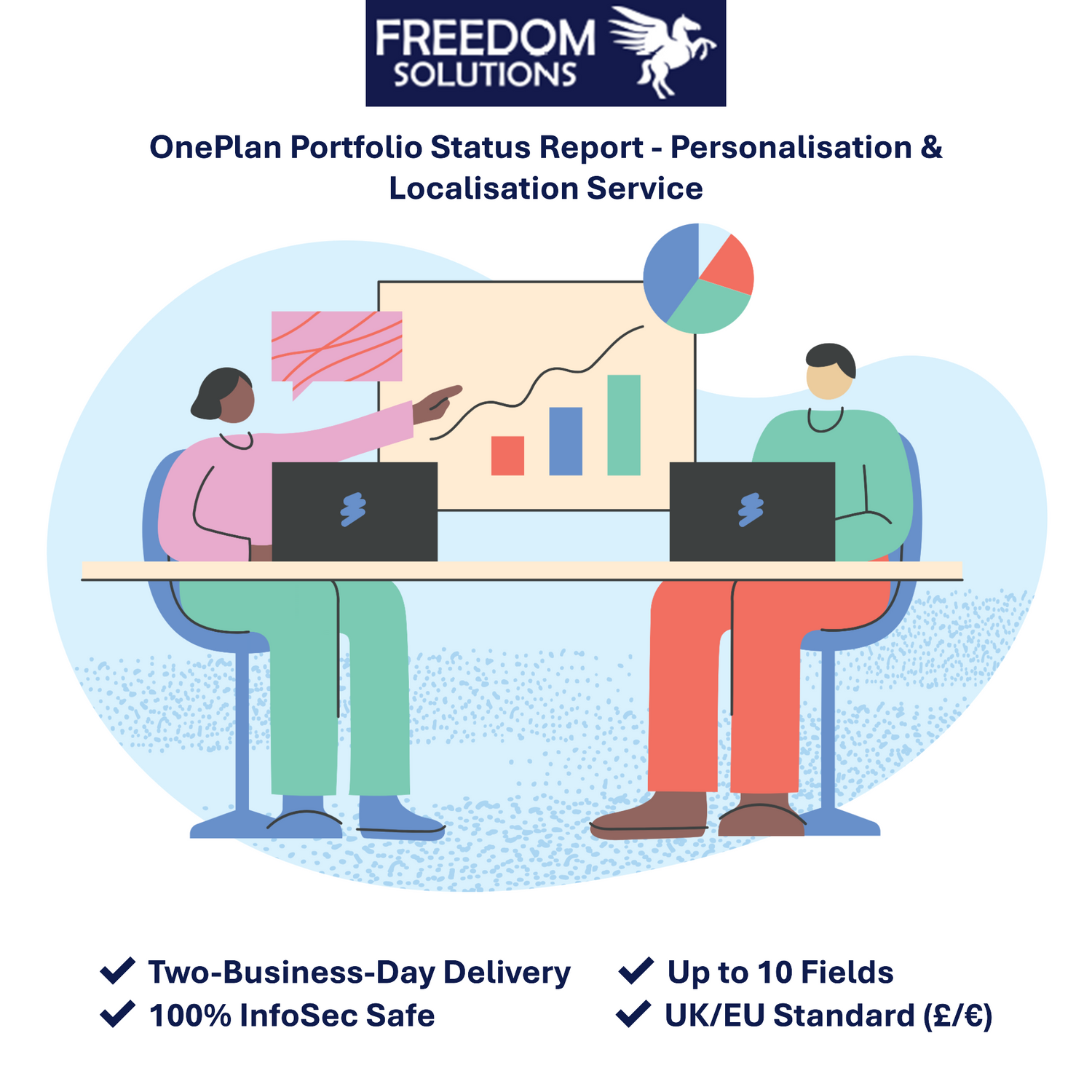 Professional vector marketing graphic for the Freedom Solutions OnePlan Portfolio report dashboard pack personalisation and UK regional localisation service showing abstract reporting charts and up to 10 fields configured within 48 business hours