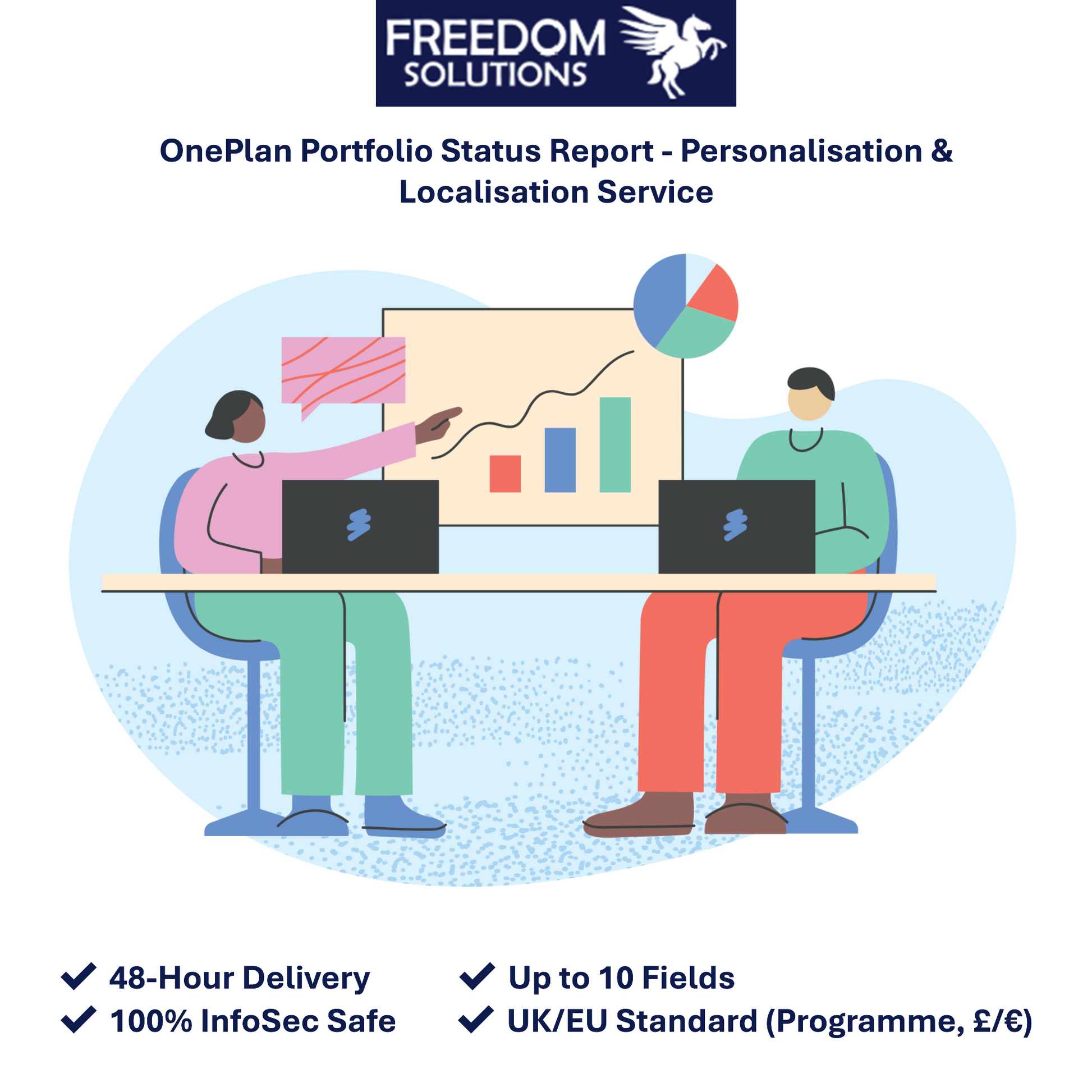 Professional vector marketing graphic for the Freedom Solutions OnePlan Portfolio report dashboard pack personalisation and UK regional localisation service showing abstract reporting charts and up to 10 fields configured within 48 business hours