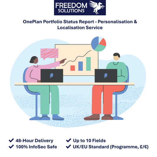 Professional vector marketing graphic for the Freedom Solutions OnePlan Portfolio Status report pack personalisation and UK regional localisation service showing abstract reporting charts and up to 10 fields configured within 48 business hours