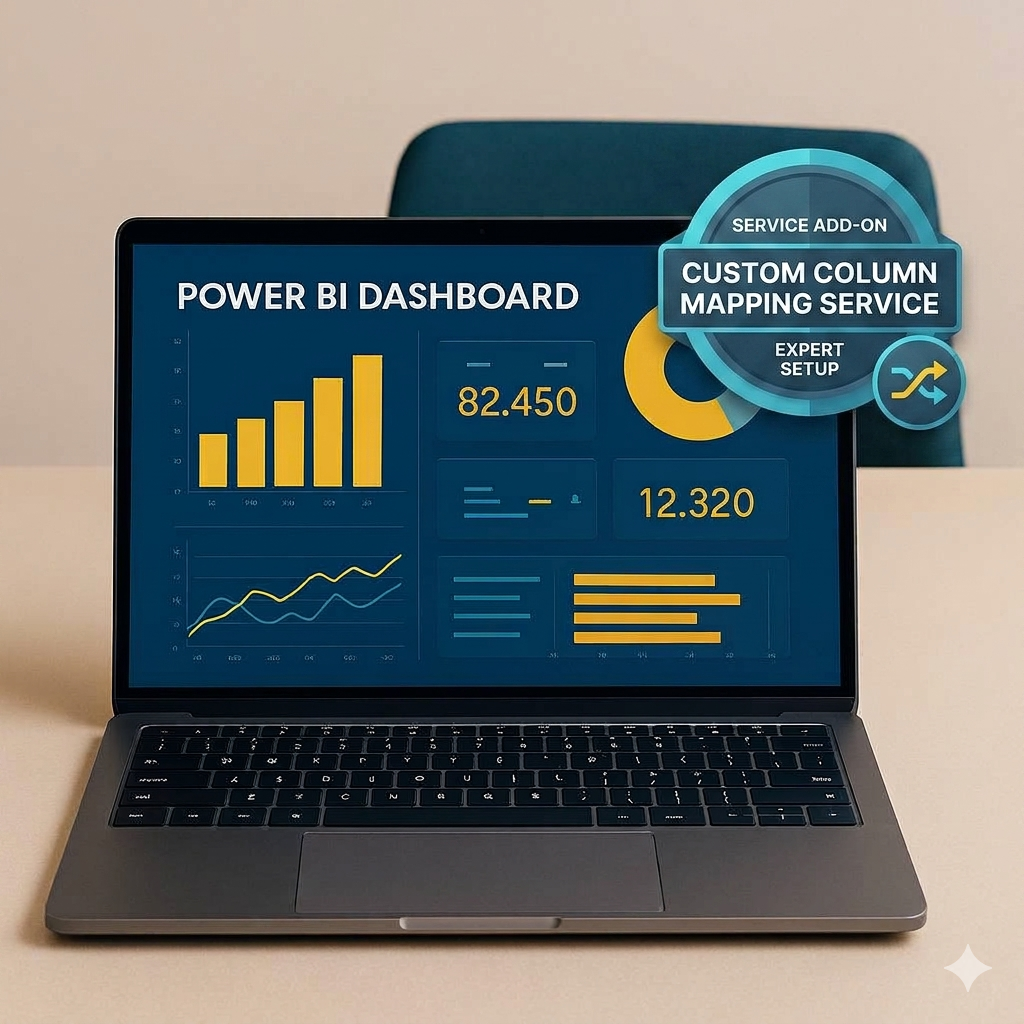 Front view of a laptop screen displaying a dark blue Power BI project dashboard with yellow bar charts, overlayed with a blue circular service badge that reads Custom Column Mapping Service Expert Setup.