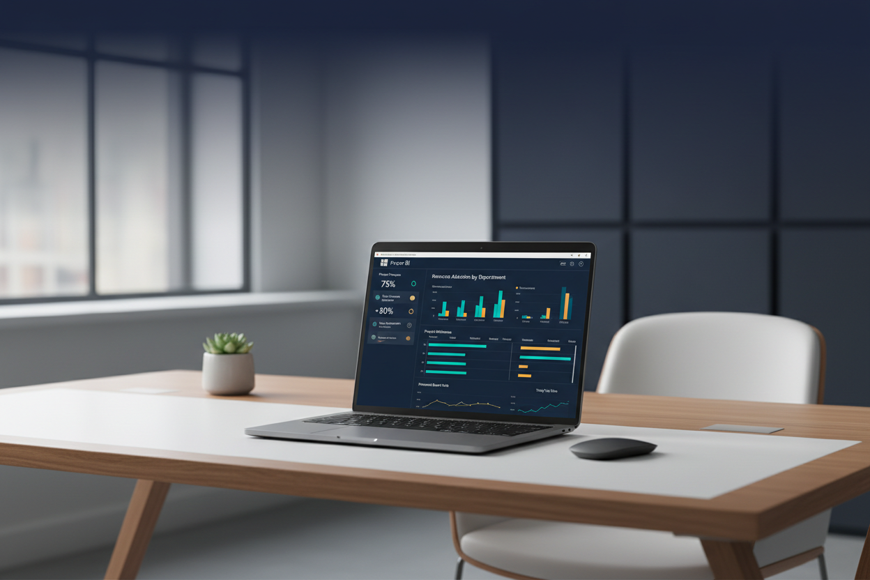 An enterprise Power BI project status report and portfolio tracking dashboard displayed on a modern laptop computer screen in a corporate office setting, showcasing native visual grids, KPI cards, and project management metrics.
