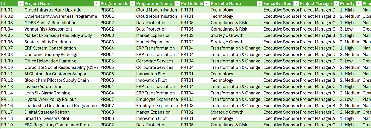 Table with project names, programme names, portfolio names, and other details in a structured format. Project Sample data