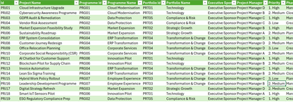 Table with project names, programme names, portfolio names, and other details in a structured format. Project Sample data
